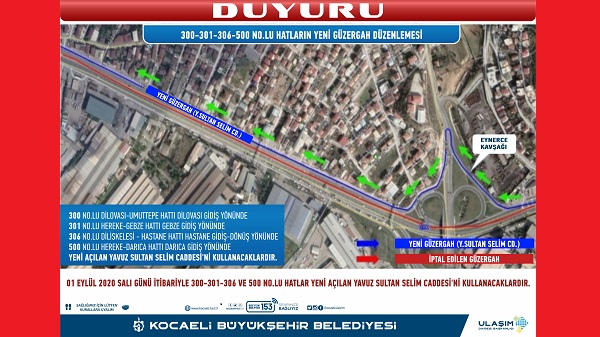 Kocaeli’de 300-301-306 ve 500 numaralı hatlarda güzergah değişikliği