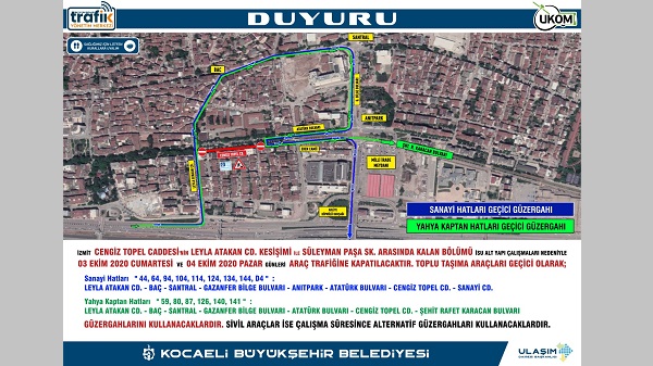 İzmit’te Altyapı çalışması için geçici güzergah uygulaması