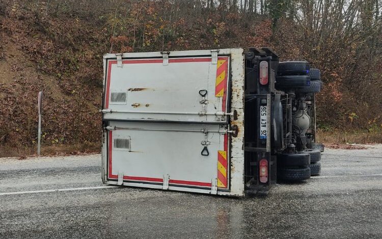 Virajı alamayan kamyon yan yattı: 2 yaralı Virajı alamayan kamyon yan yattı: 2 yaralı