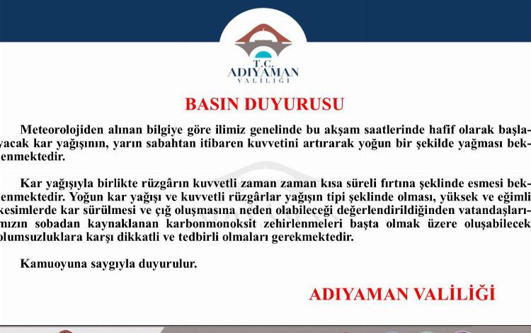 Adıyaman Valiliğinden kar uyarısı Adıyaman Valiliğinden kar uyarısı
