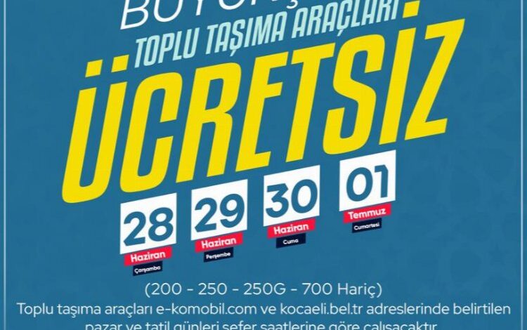 Kocaeli’de bayramda 4 gün ulaşım ücretsiz Kocaeli’de bayramda 4 gün ulaşım ücretsiz